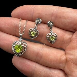 Vintage 90s Sterling Heart Cut Natural Peridot Moissanite Necklace & Earring Set